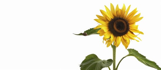 Poster - Sunflower with leaves isolated against white background, showcasing ample copy space image.