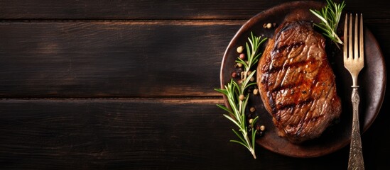 Wall Mural - A top-down view of a fork holding a grilled ribeye beef steak on an aged table with a blank space for your text in the image