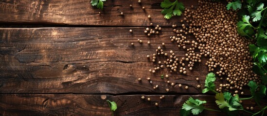 Poster - A few coriander seeds arranged on the table with empty space for text or image.
