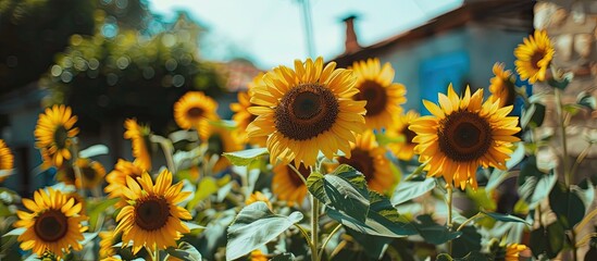 Poster - Sunflowers in a rural setting with a picturesque background perfect for a copy space image.