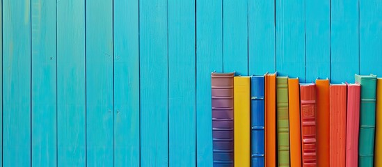 Poster - Colorful books arranged on a vibrant blue wooden background with ample copy space image available.