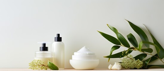 Aufkleber - Herbal beauty product ad showcasing creams and lotions for face and body care against a backdrop meant for promoting natural cosmetic products, featuring copy space image for additional text.