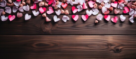 Wall Mural - Valentine's day, Mother's day, Women's day, Birthday background on dark wood with hearts for Spring flat lay with a top view and a love expression in the copy space image.