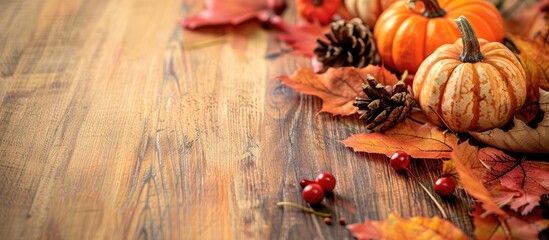Aufkleber - Autumn leaves and pumpkins decorate a wooden table with a copy space image.