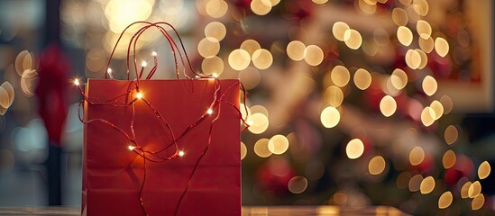 Poster - A festive Merry Christmas greeting with a red paper bag adorned with Christmas lights for a holiday shopping theme, featuring a copy space image.