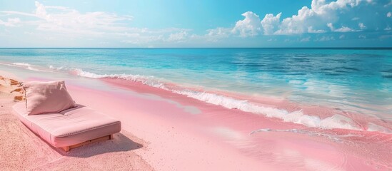Poster - A scenic pink beach with a cozy pink seat cushion for relaxing by the shore, with ample copy space image.