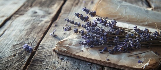 Poster - A branch of dried lavender flowers and an empty aromatherapy recipe book placed on a rustic wooden table with a blank space for text or images. Conveys the idea of herbal medicine.