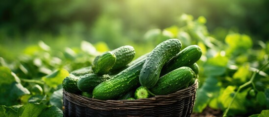 Aufkleber - Organic cucumber from a farmer's fresh harvest, cultivated naturally without chemicals, embodying the organic farming concept, displayed in a selective focus copy space image.