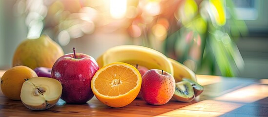 Poster - Fresh sliced fruits on a table in the afternoon, with a background that leaves space for an image.
