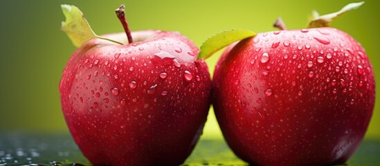 Poster - Macro image of ripe red apples with water drops on a green background, featuring a shallow depth of field providing a focus on the apples with copy space.