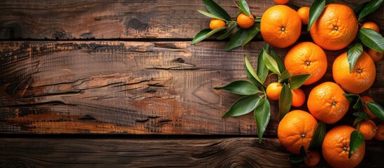 Poster - Mandarins with leaves arranged on a rustic wooden table, ideal for a copy space image.