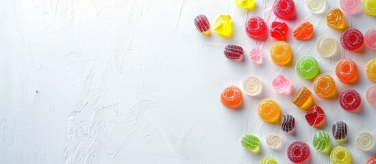 Canvas Print - Colorful and tasty candies displayed on a white table with available space for adding text or images, such as a copy space image.