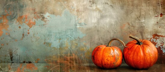 Poster - Two pumpkins in orange hues set against a rustic background with brown and blue tones, providing ample copy space image.