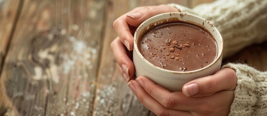 Poster - Close-up image of a female hand holding a cup of hot cocoa or chocolate on a wooden table with copy space image opportunity.