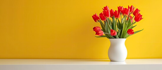 Wall Mural - Red tulips in white vase on white table near yellow wall. Suitable for text with copy space image.