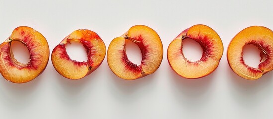 Leinwandbilder - A close-up photo of six unseeded, ripe nectarine slices laid out on a white backdrop, providing space for text or images.