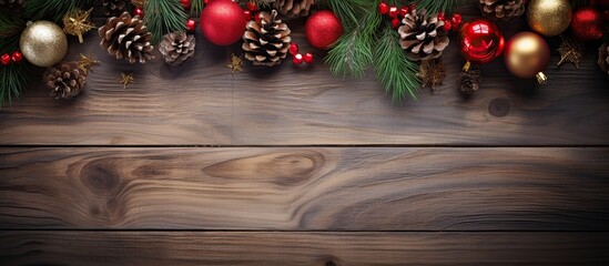 Poster - Wooden background adorned with Christmas ornaments and various decorations, ideal for a festive copy space image.