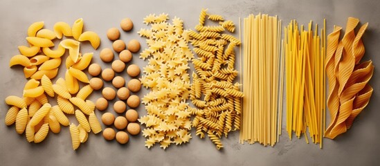 Poster - Various types of uncooked pasta like penne, fusilli, farfalle, and spaghetti arranged on a light concrete surface in a flat lay style with room for additional elements in the image.