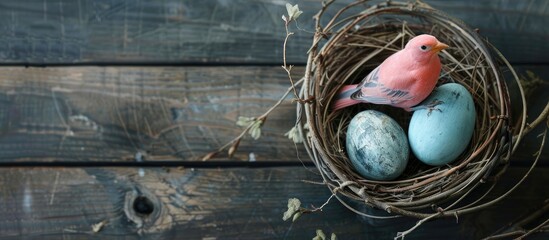 Poster - A pink bird sitting on an Easter egg in a nest against a dark wooden background with ample copy space image.