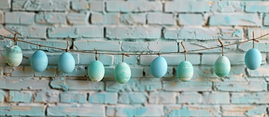 Aufkleber - Turquoise Easter eggs dangle on a string in front of a blank brick wall, with ample copy space image.