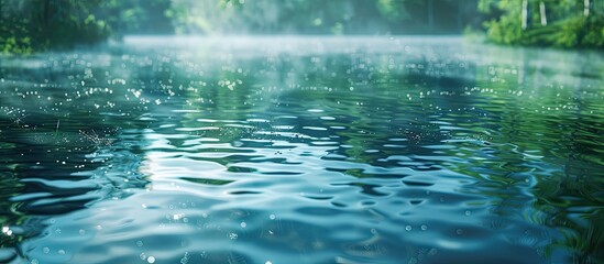 Poster - Blue river with a reflective water surface creating a peaceful scenery, suitable for copy space image.