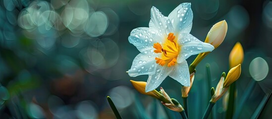 Aufkleber - Close-up of a white and yellow flower with buds in a natural setting, with space for adding text or graphics (copy space image).