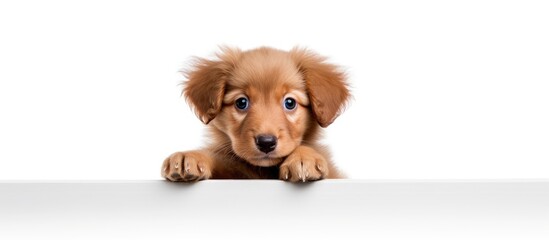 Poster - A charming Hovawart puppy with a cute and curious expression gazes at the camera against a white backdrop, making it an adorable choice for a banner with copy space image.
