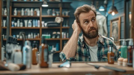 Canvas Print - A man is getting ready to have his beard trimmed at a barbershop. AI.