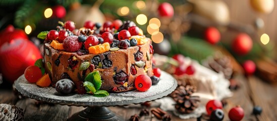 Poster - The delightful fruitcake with sweet fruits humbly presented in a beautiful setting with copy space image.