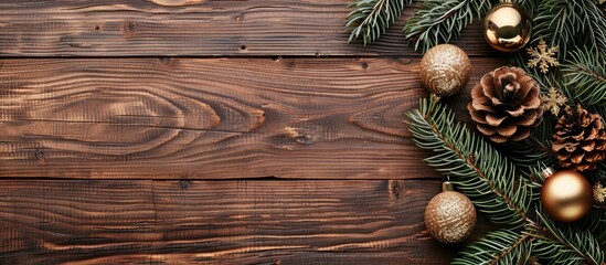 Fototapete - A background of brown brushed wood with glittering shiny toy balls on fir and spruce pine branches, providing a copy space image.