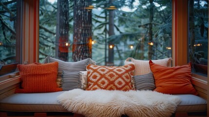 Wall Mural - A cozy living space with a large window looking out onto a forest. AI.