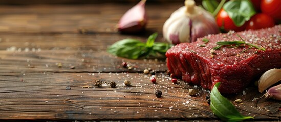 Poster - Light wood table with raw beef steak, garlic, and a piece of meat arranged for a copy space image.