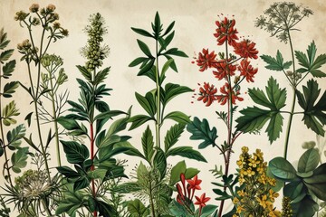 Colorful tropical flora depicted in a beautiful painting, A vintage botanical illustration with different types of plant species, AI generated