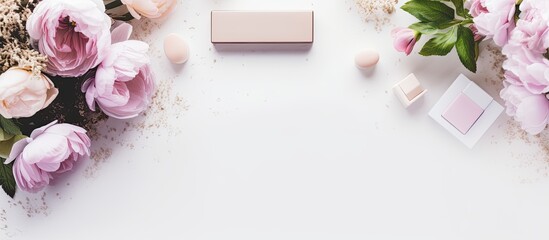 Leinwandbilder - Flat lay view of a feminine workspace on a white table with a laptop, flowers, cosmetics, and a face brush, offering ample copy space image.