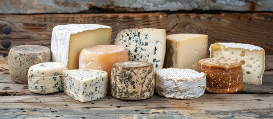 Poster - A variety of tasty vegan cheeses, including hard cheese and dorblu, are beautifully arranged on a wooden surface, creating an appetizing copy space image.