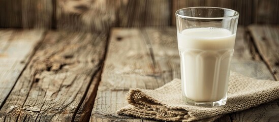 Poster - A glass of milk on a wooden table with ample copy space image.