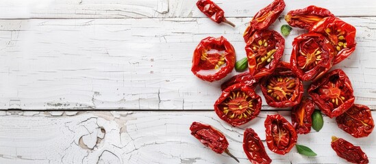 Poster - Whole sun-dried tomatoes on a white wooden table with copy space image.