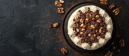 Aufkleber - Top view of an Esterhazy cake on a dark background with copy space image. A stunning dessert featuring white and dark chocolate, complemented by nuts.