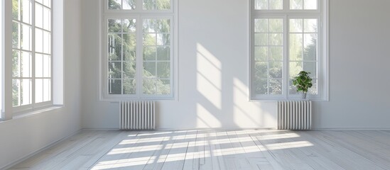 Wall Mural - Empty light room at home featuring a white wall adorned with a plastic window and radiator with copy space image.