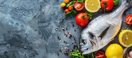 Poster - Top view of a raw dorado fish and vegetables, with ample copy space image.