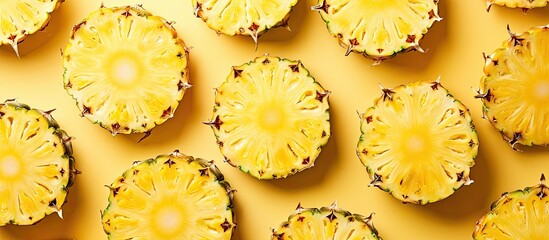 Wall Mural - A top-down view of pineapple slices arranged on a yellow background within a frame with ample copy space image available.