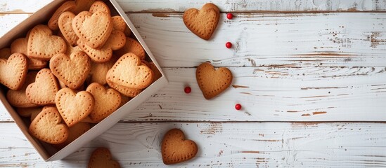 Poster - Heart-shaped cookies in a box on a white wooden table seen from above with a background available for adding text, copy space image.