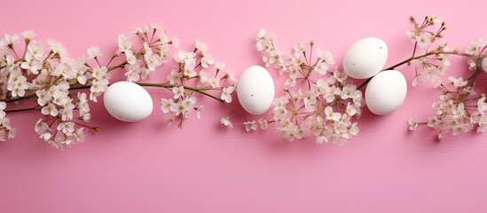 Poster - Happy Easter! Easter eggs, delicate spring flowers, gypsophila, on pink background. Ideal for holiday-related designs with copy space image.