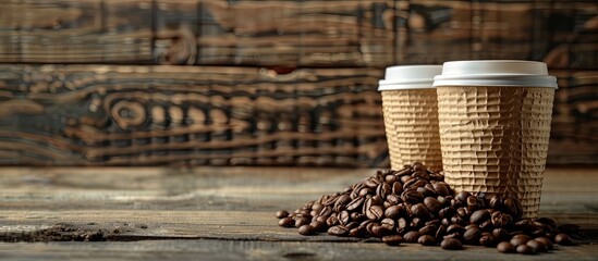 Poster - Two textured paper cups next to a mound of coffee beans on a wooden backdrop with a copy space image.
