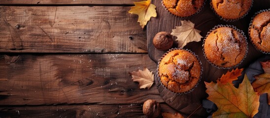 Poster - Autumn-themed bakery image featuring homemade muffins with simmered sweet potato dough and rustic presentation with copy space.