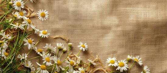 Aufkleber - Top view of chamomile flowers and white field daisies scattered on burlap, creating a scenic backdrop suitable for design projects with copy space image.