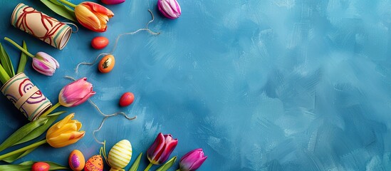 Aufkleber - Easter-themed greeting card with colorful tulips, eggs, and decorative elements made from a toilet paper roll on a blue backdrop with a spacious area for text or images.