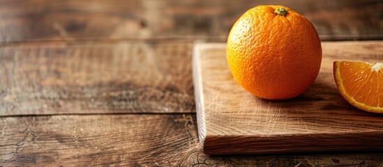 Canvas Print - Focused on a whole ripe orange on a wooden cutting board with copy space image.