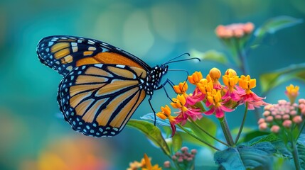 Wall Mural - Macro photo of monarch butterflies gently sip the nectar of bright colorful flowers in a field with a soft blur of green fields in the background.