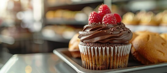 Poster - A delectable cupcake with chocolate frosting and raspberry topping displayed on a tray in a bakery, with a blank space for adding images.